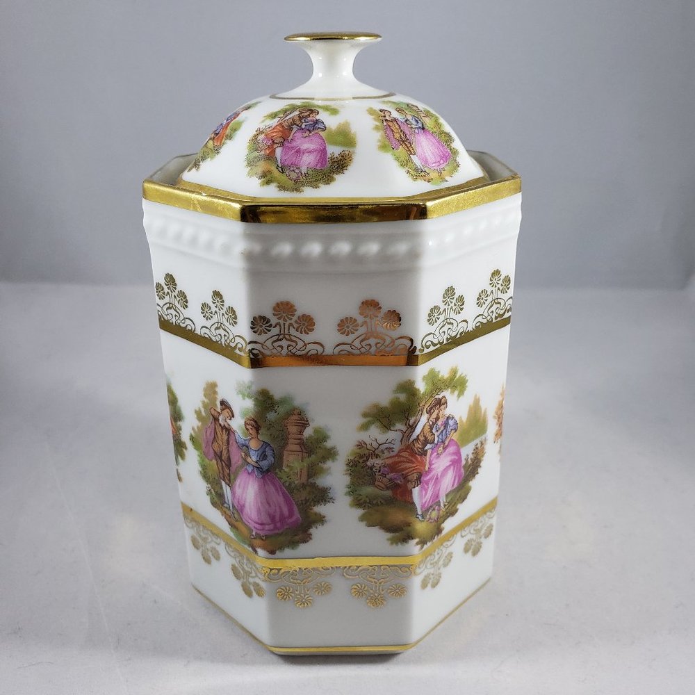 Birks Fragonard "Courting Couple" Patern Octagonal Container with Gold Trim